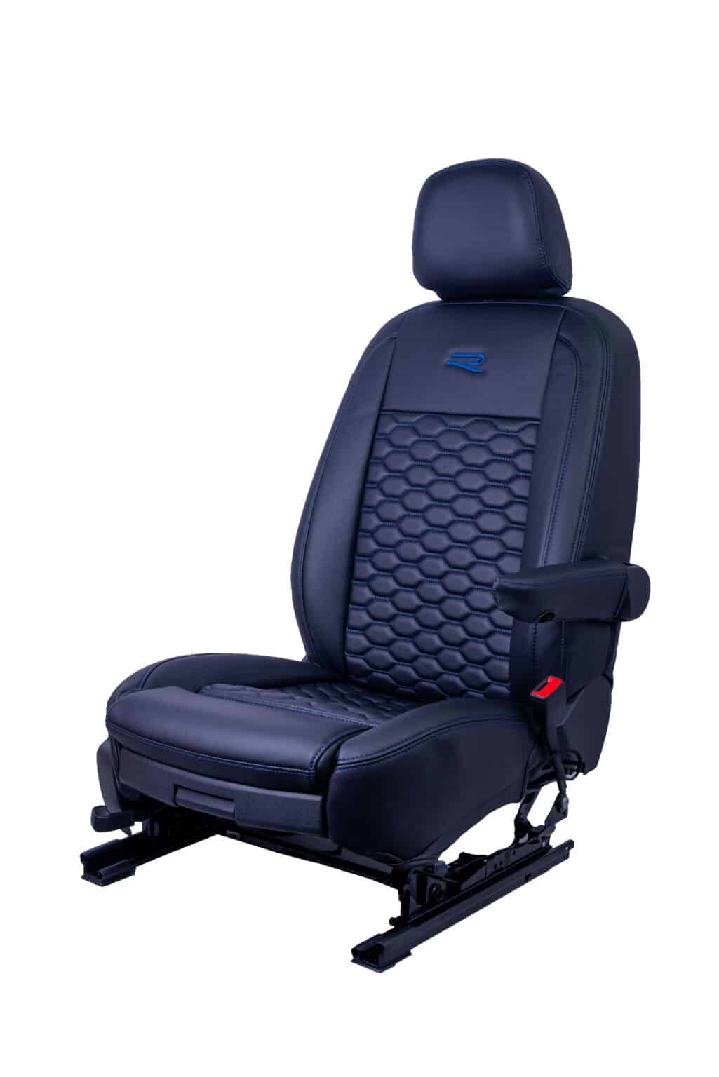 Home 8 Blue stitched Mk5 VW Caddy Ezee Parts seat covers with blue R logo