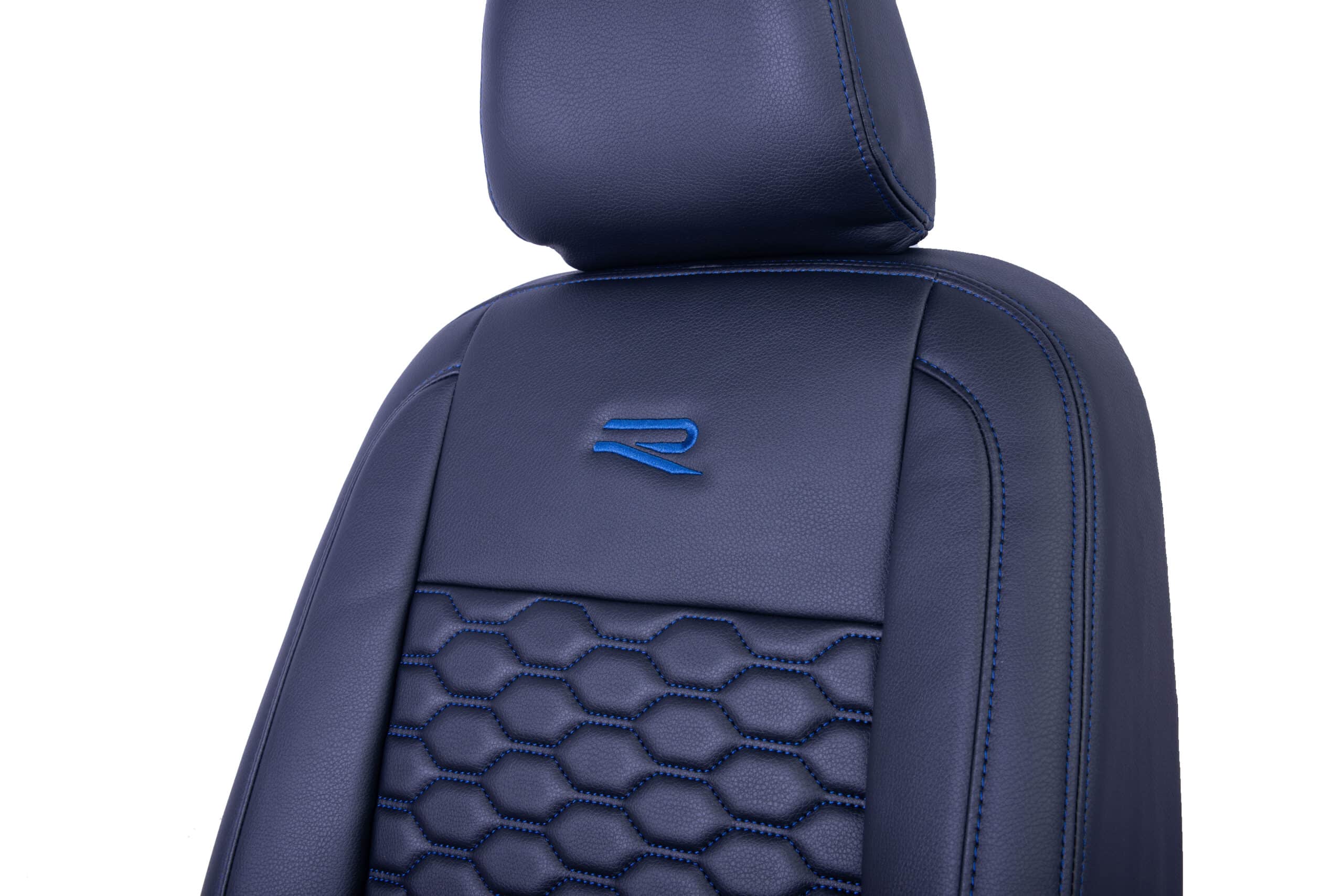 Ezee-Parts-MK5-VW-Caddy-blue-hexagon-design Blue stitched Mk5 VW Caddy Ezee Parts seat covers with blue R logo